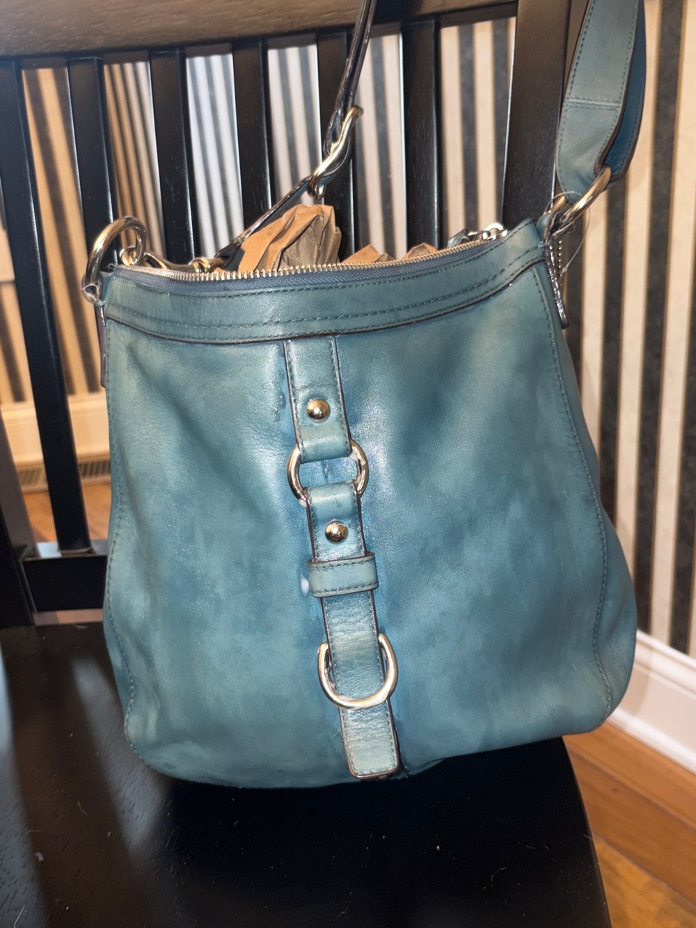Coach Teal blue soft leatherShoulder Bag with Silver Hardware buckle
